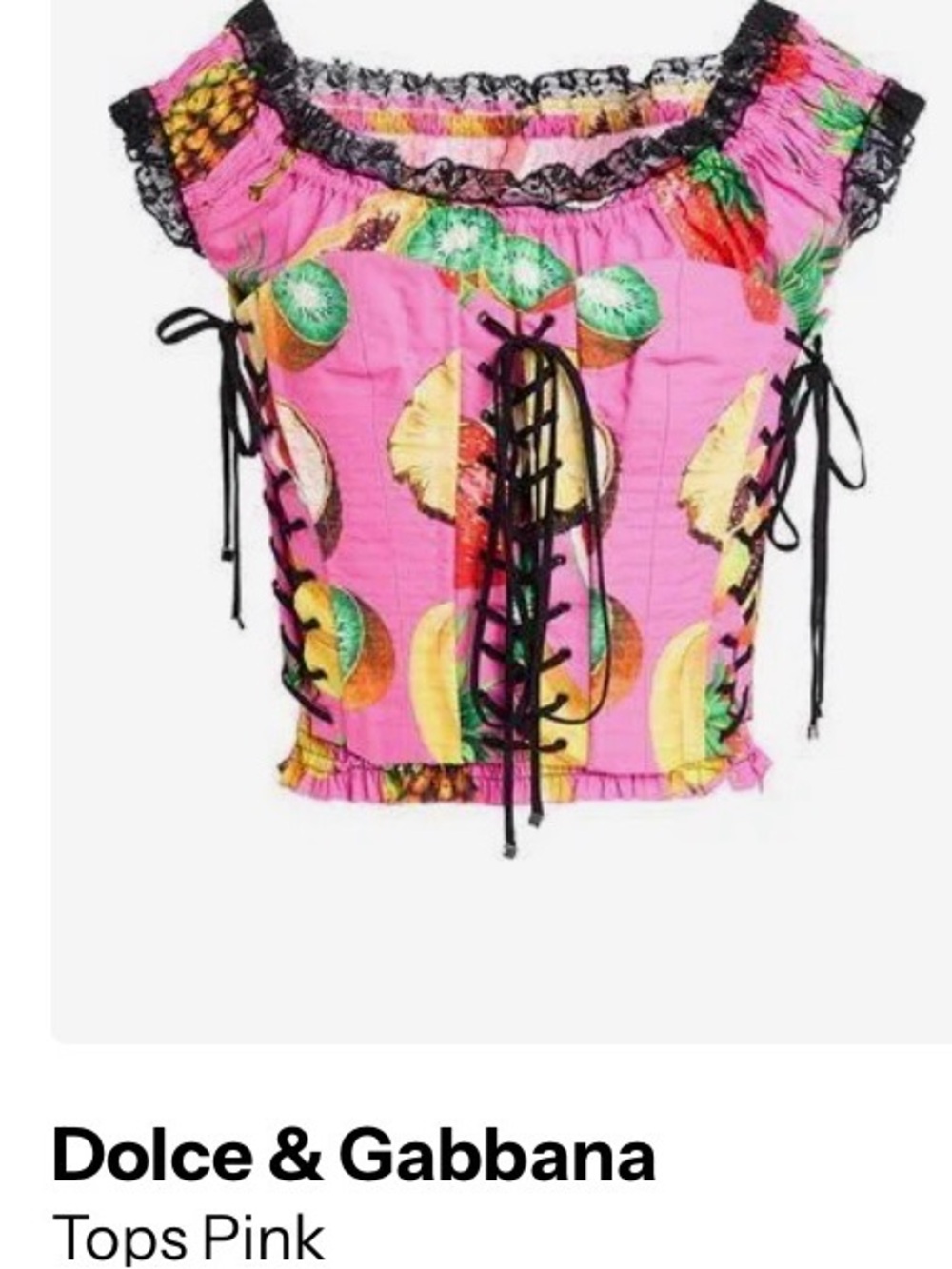 Dolce & Gabbana Pink Fruit-Print Lace-Up Crop Top with Black Trim